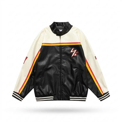 Mens Outlet House - Kelor | Color-Block Zip-Up Leather Jacket Unisex