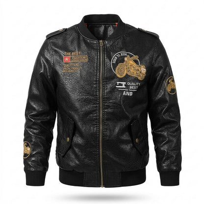 Mens Outlet House - Zahal | Embroidered Zip-Up Leather Jacket Men