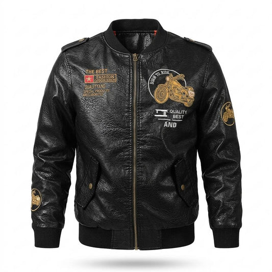 Mens Outlet House - Zahal | Embroidered Zip-Up Leather Jacket Men