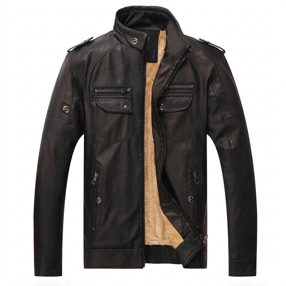 Mens Outlet House - Nisen | Velvet-Lined Stand-Collar Leather Jacket Men