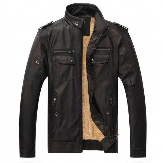 Mens Outlet House - Nisen | Velvet-Lined Stand-Collar Leather Jacket Men