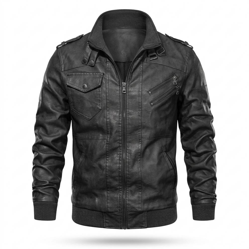 Mens Outlet House - Zanal | Zippered Stand-Collar Leather Jacket Men