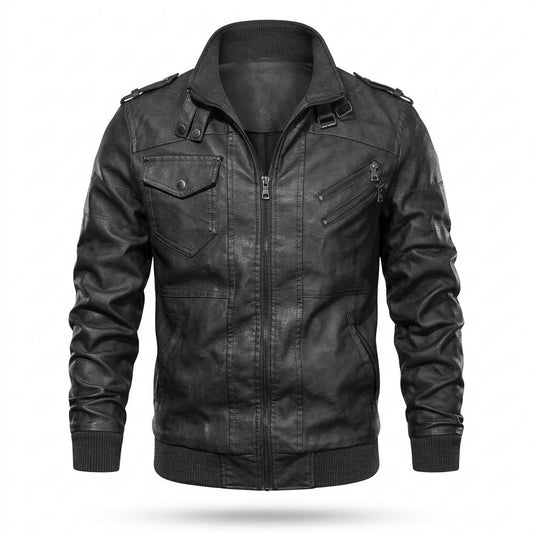 Mens Outlet House - Zanal | Zippered Stand-Collar Leather Jacket Men