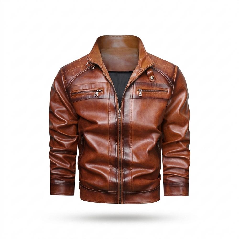 Mens Outlet House - Davel | Zippered Quilted-Shoulder Leather Jacket Men