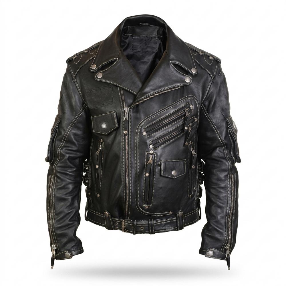 Mens Outlet House - Makar | Contrast-Stitched Multi-Pocket Leather Jacket Men