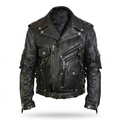 Mens Outlet House - Makar | Contrast-Stitched Multi-Pocket Leather Jacket Men