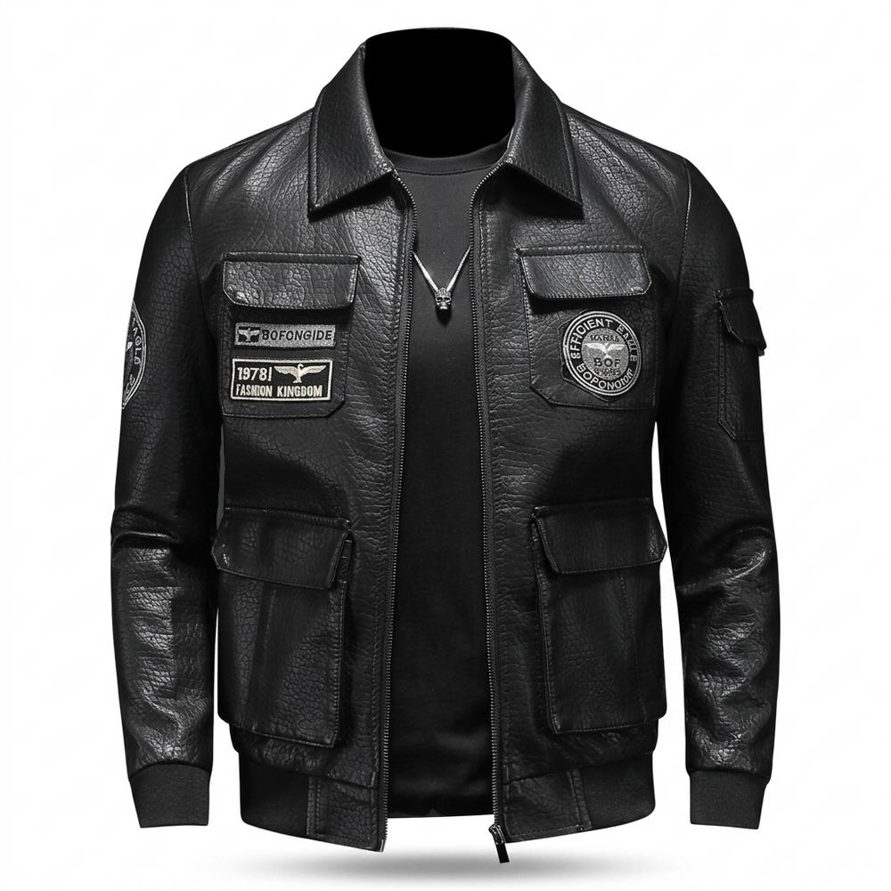 Mens Outlet House - Seran | Patched Zipped Leather Jacket Men