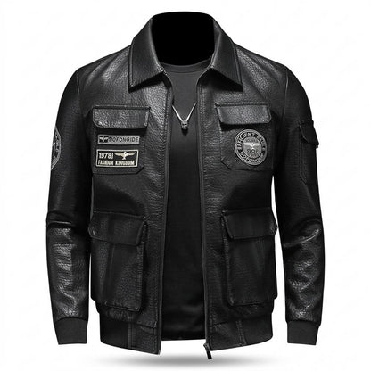 Mens Outlet House - Seran | Patched Zipped Leather Jacket Men