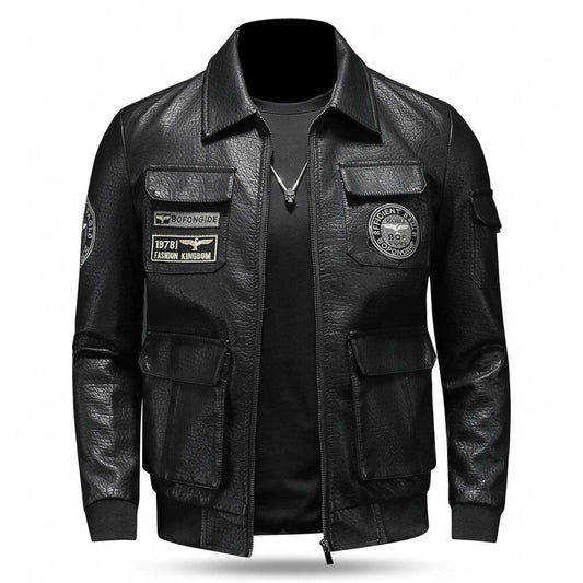 Mens Outlet House - Seran | Patched Zipped Leather Jacket Men