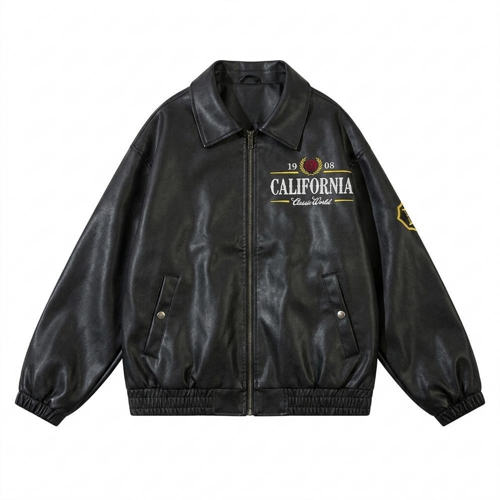 Mens Outlet House - Riran | Embroidered Zip-Up Leather Jacket Unisex