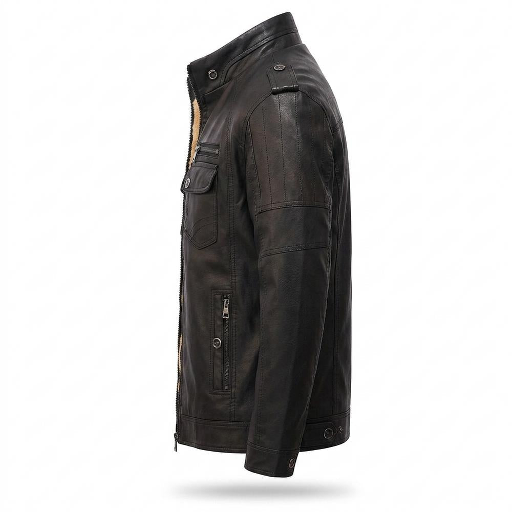 Mens Outlet House - Nisen | Velvet-Lined Stand-Collar Leather Jacket Men