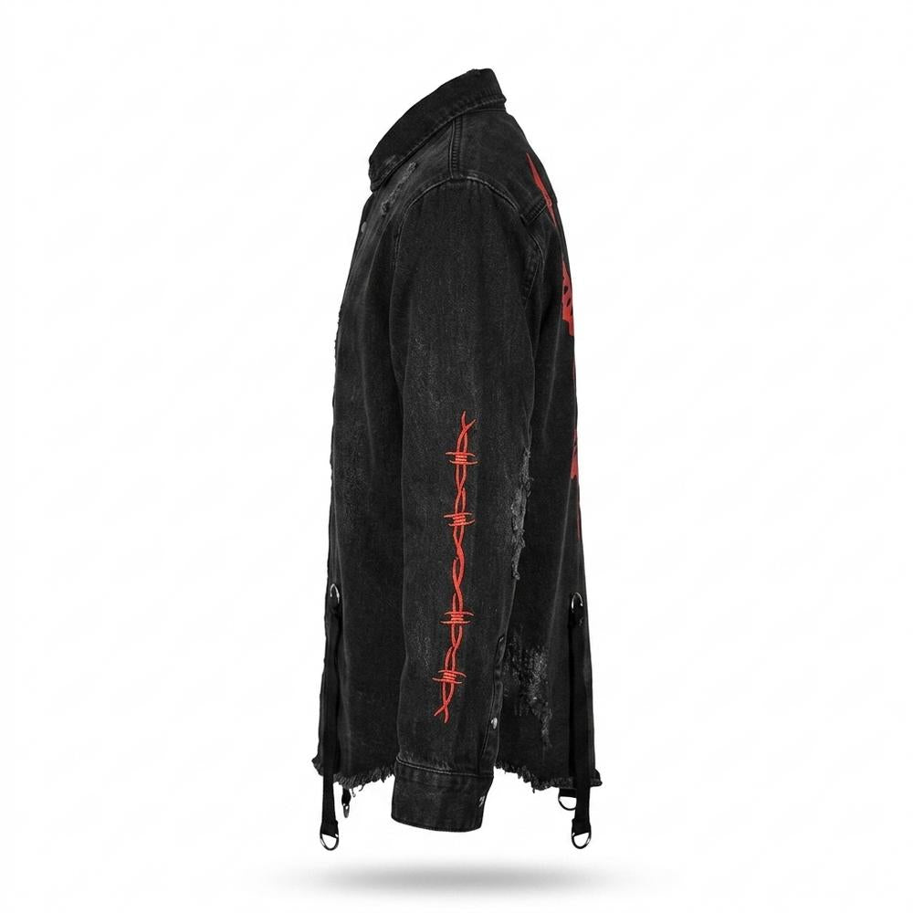 Mens Outlet House - Ramer | Embroidered Distressed Denim Jacket Unisex