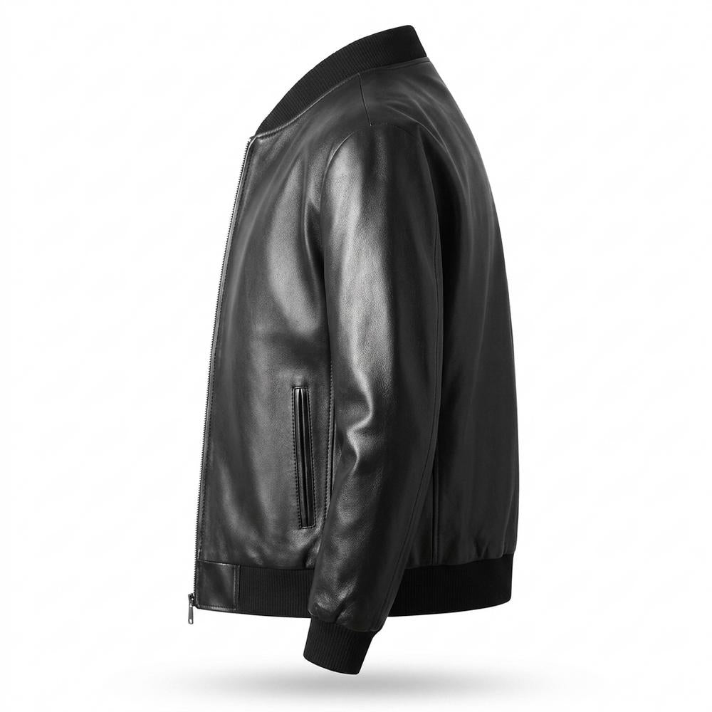 Mens Outlet House - Niram | Zip-Up Ribbed-Collar Leather Jacket Men