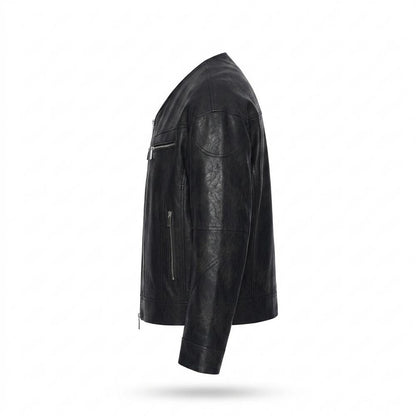 Mens Outlet House - Almar | Collarless Faux-Leather Leather Jacket Men