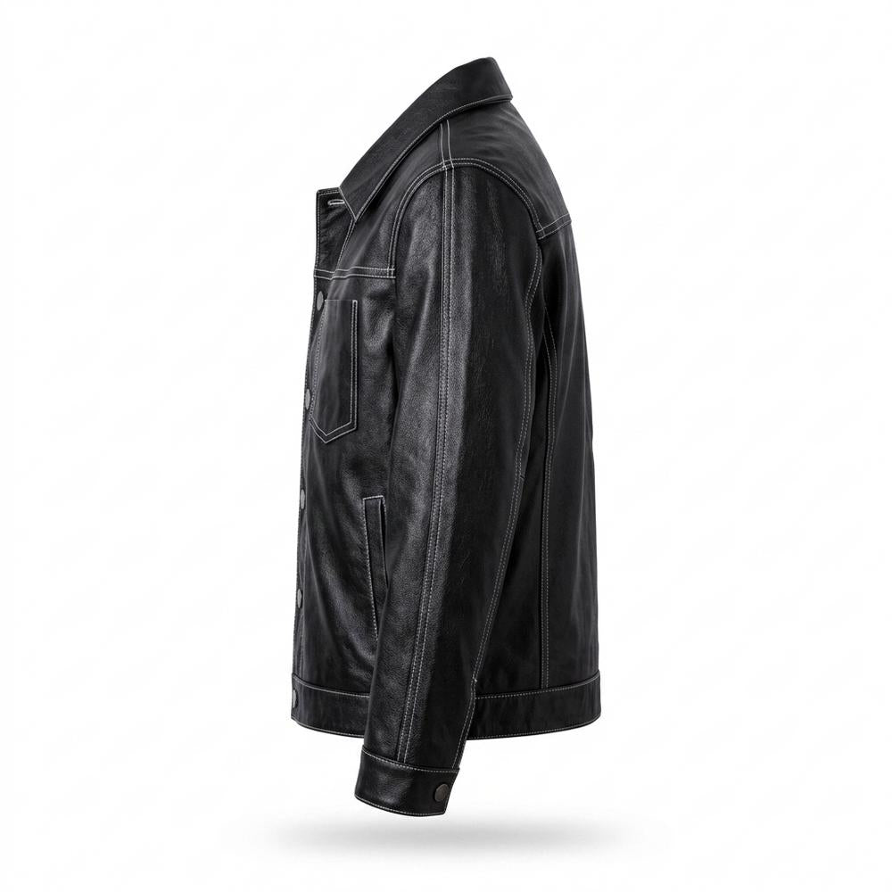 Mens Outlet House - Vimer | Contrast-Stitched Button-Front Leather Jacket Men