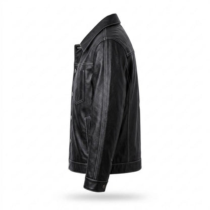 Mens Outlet House - Vimer | Contrast-Stitched Button-Front Leather Jacket Men