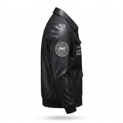 Mens Outlet House - Seran | Patched Zipped Leather Jacket Men