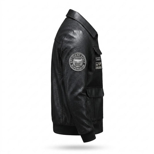 Mens Outlet House - Seran | Patched Zipped Leather Jacket Men