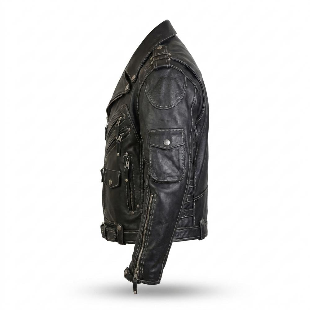 Mens Outlet House - Makar | Contrast-Stitched Multi-Pocket Leather Jacket Men