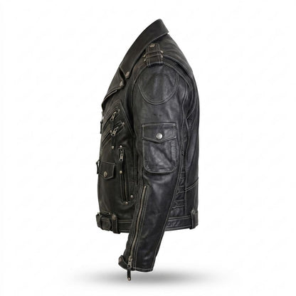 Mens Outlet House - Makar | Contrast-Stitched Multi-Pocket Leather Jacket Men