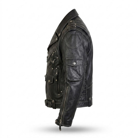 Mens Outlet House - Makar | Contrast-Stitched Multi-Pocket Leather Jacket Men