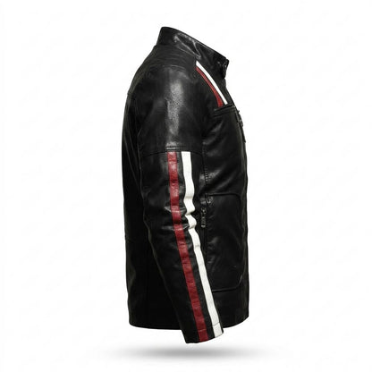 Mens Outlet House - Vatir | Striped Zip-Up Leather Jacket Men
