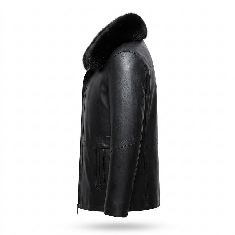 Mens Outlet House - Nesil | Fur-Collar Zip-Up Leather Jacket Men
