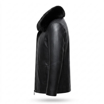 Mens Outlet House - Nesil | Fur-Collar Zip-Up Leather Jacket Men