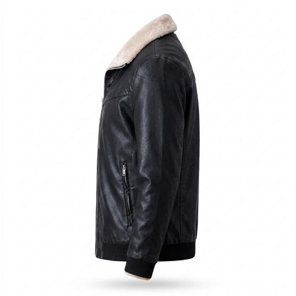 Mens Outlet House - Yoduv | Fleece-Collar Zip-Up Leather Jacket Men