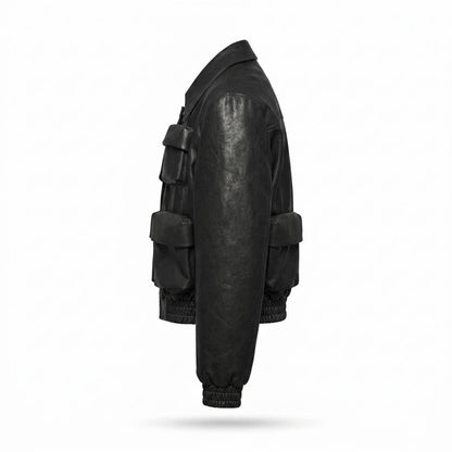 Mens Outlet House - Noral | Cargo-Pocket Smocked Leather Jacket Unisex