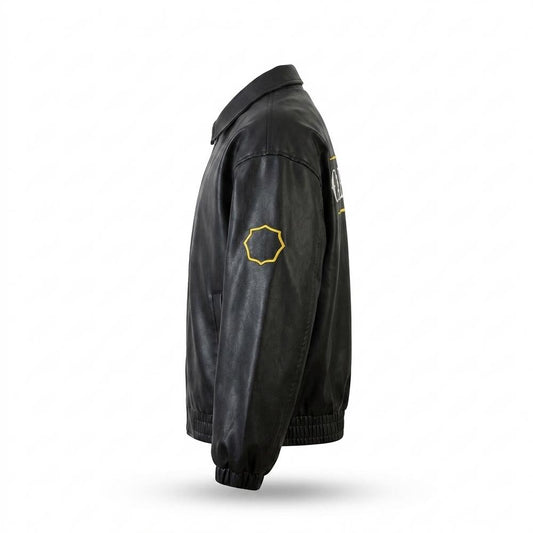 Mens Outlet House - Riran | Embroidered Zip-Up Leather Jacket Unisex