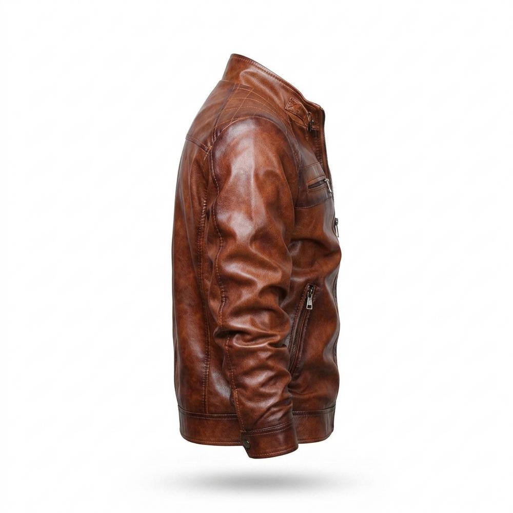 Mens Outlet House - Davel | Zippered Quilted-Shoulder Leather Jacket Men