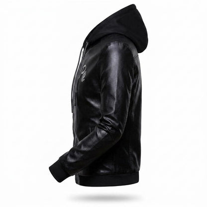 Mens Outlet House - Nonor | Hooded Zip-Up Leather Jacket Men