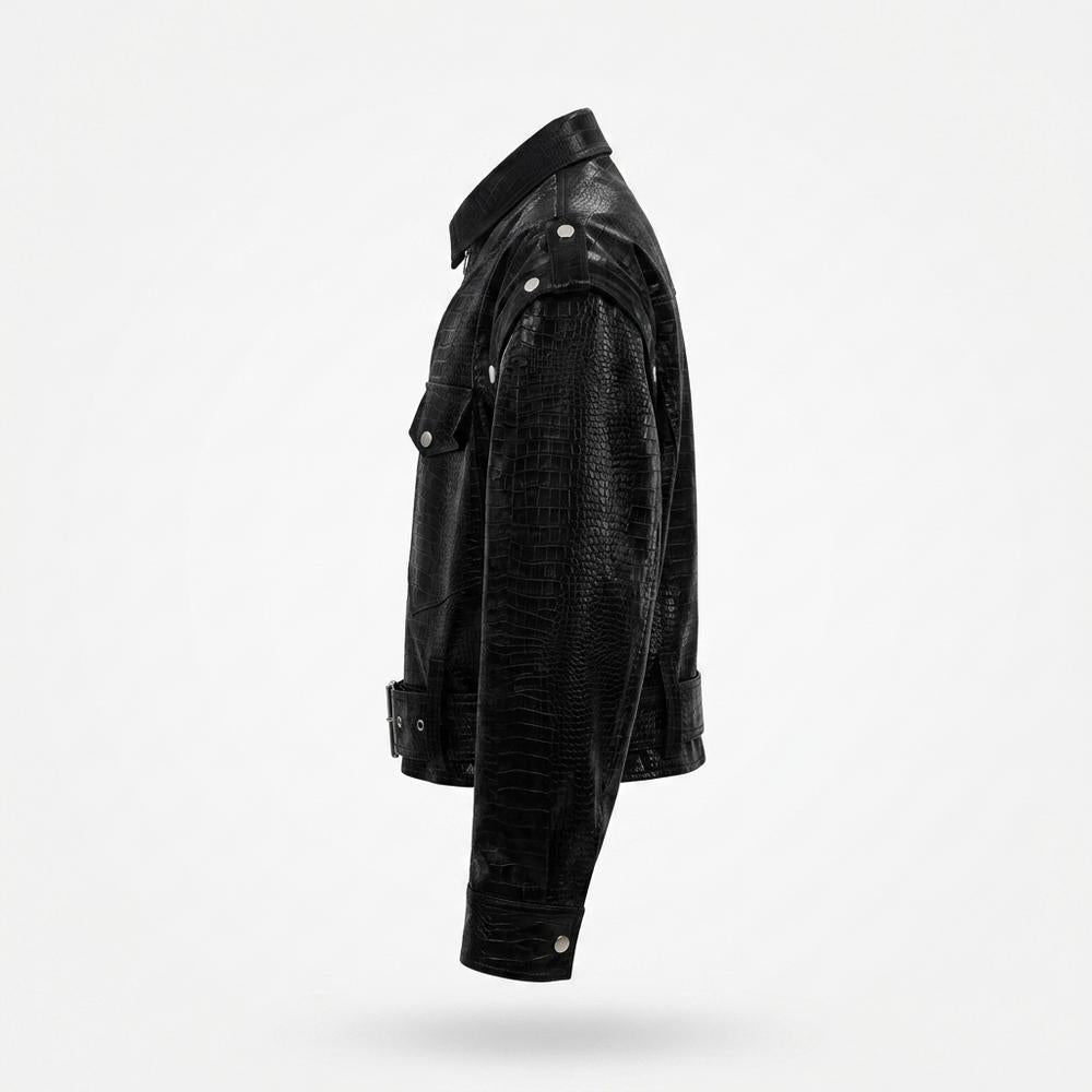 Mens Outlet House - Vimin | Croc-Embossed Asymmetrical Leather Jacket Unisex