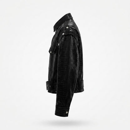 Mens Outlet House - Vimin | Croc-Embossed Asymmetrical Leather Jacket Unisex