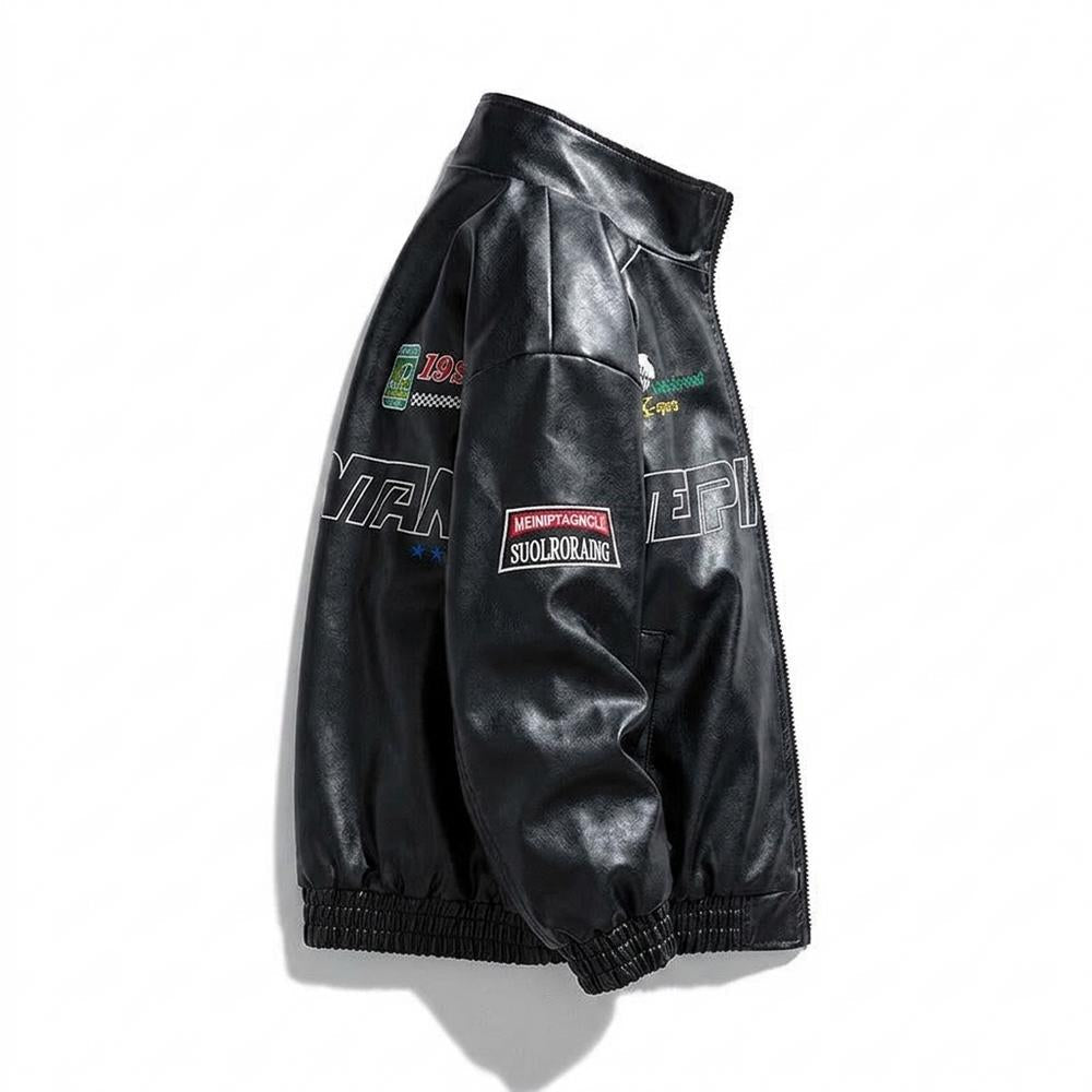 Mens Outlet House - Savel | Embroidered Zip-Up Leather Jacket Unisex