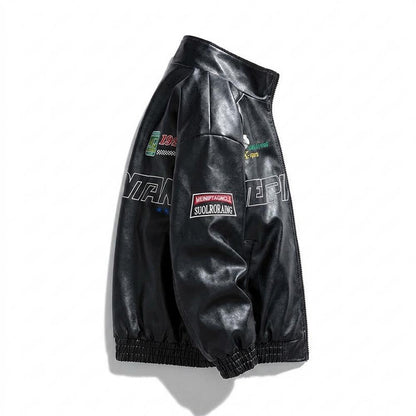 Mens Outlet House - Savel | Embroidered Zip-Up Leather Jacket Unisex