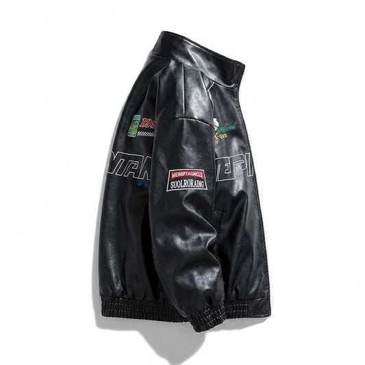 Mens Outlet House - Savel | Embroidered Zip-Up Leather Jacket Unisex