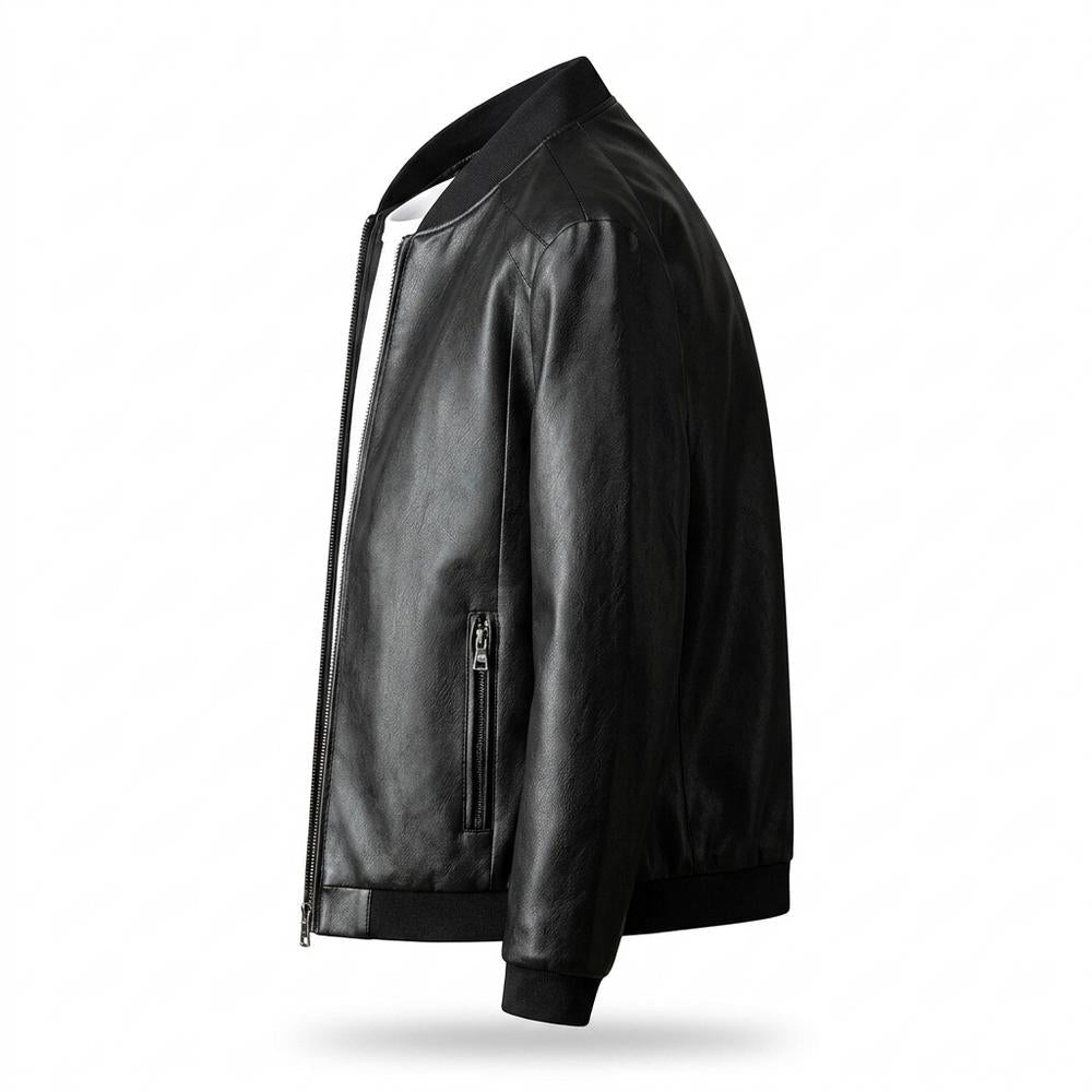 Mens Outlet House - Yotor | Zip-Up Ribbed-Collar Leather Jacket Men