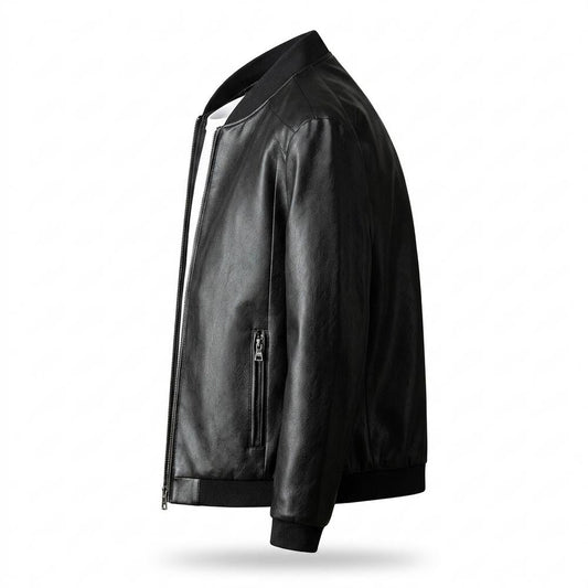 Mens Outlet House - Yotor | Zip-Up Ribbed-Collar Leather Jacket Men