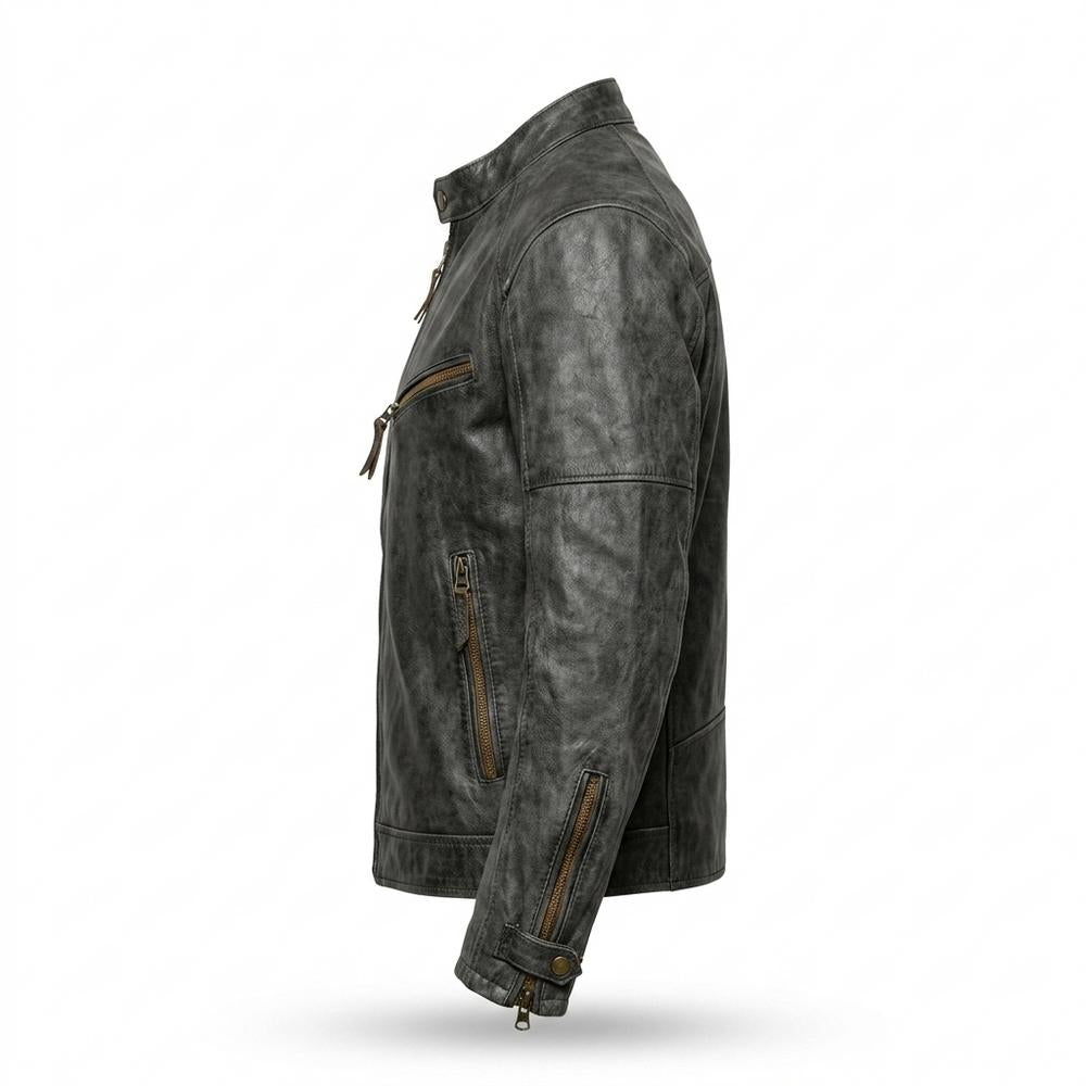 Mens Outlet House - Zavan | Textured Band Collar Leather Jacket Men