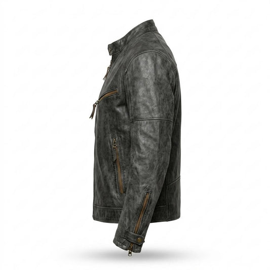 Mens Outlet House - Zavan | Textured Band Collar Leather Jacket Men