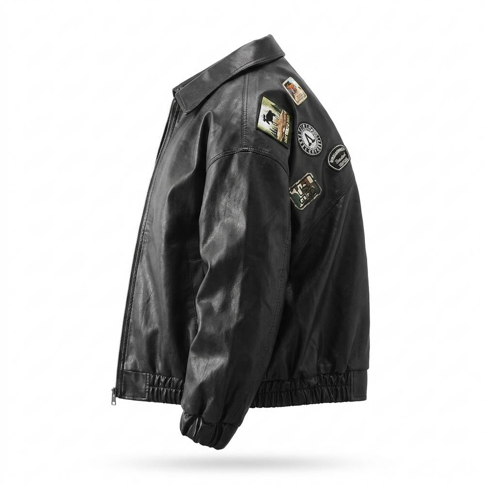 Mens Outlet House - Mitir | Patched Zip-Up Leather Jacket Men