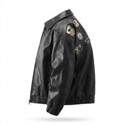 Mens Outlet House - Mitir | Patched Zip-Up Leather Jacket Men