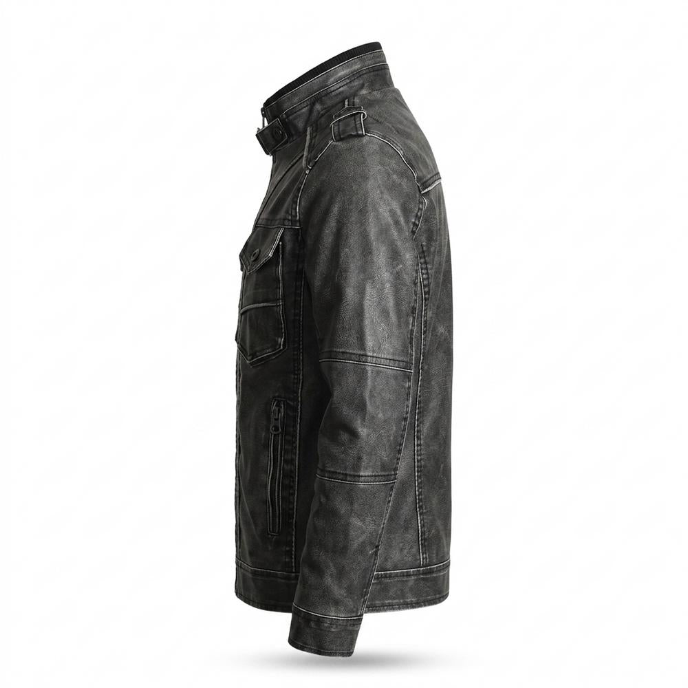 Mens Outlet House - Tilev | Washed Stand-Collar Leather Jacket Men
