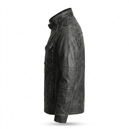 Mens Outlet House - Tilev | Washed Stand-Collar Leather Jacket Men