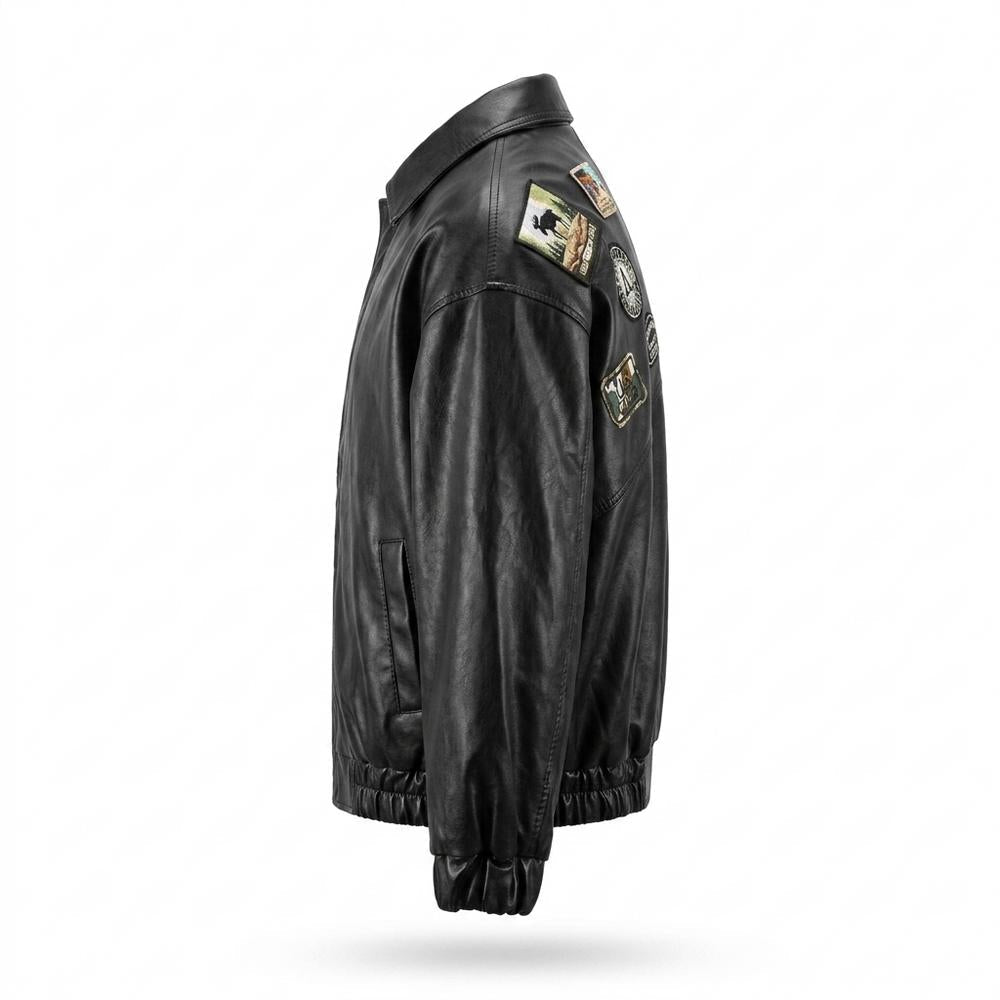 Mens Outlet House - Mirev | Patched Zip-Up Leather Jacket Men