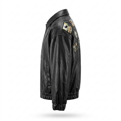 Mens Outlet House - Mirev | Patched Zip-Up Leather Jacket Men