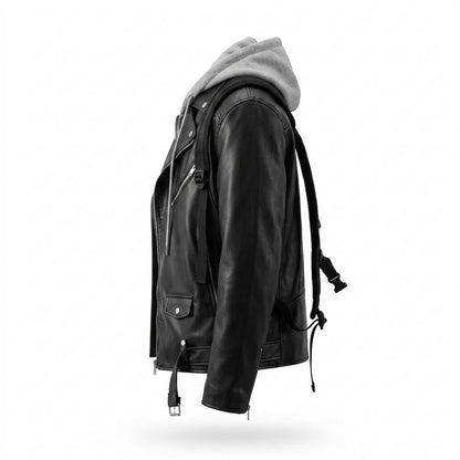 Mens Outlet House - Zelev | Hooded Asymmetrical Leather Jacket Men