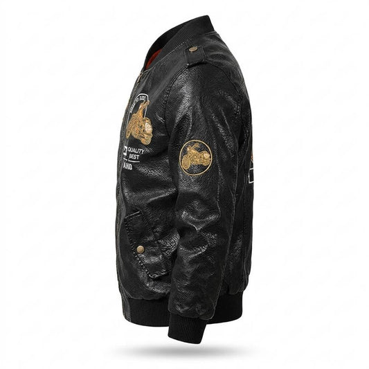 Mens Outlet House - Zahal | Embroidered Zip-Up Leather Jacket Men